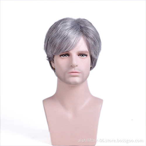 Wholesale Synthetic Short Mixed Dark Gray And Gray Silk Straight Hair Wigs For Men